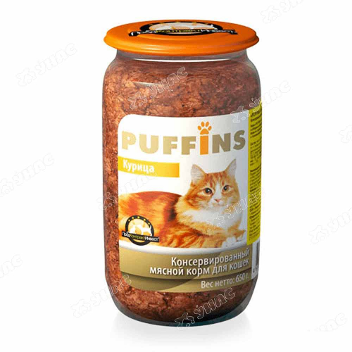 Пуффинс Консервированный корм для кошек (стеклобанка), 650 грамм, паштет, КУРИЦА х8