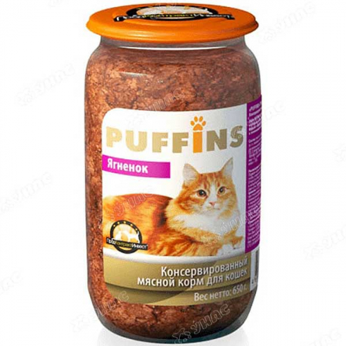 Пуффинс Консервированный корм для кошек (стеклобанка), 650 грамм, паштет, ЯГНЕНОК х8