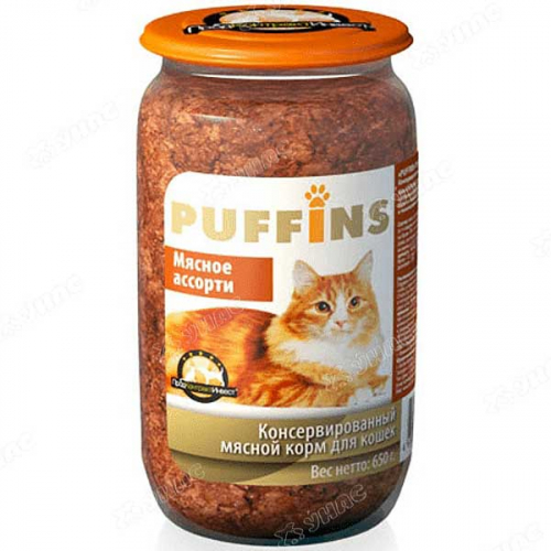 Пуффинс Консервированный корм для кошек (стеклобанка), 650 грамм, паштет, МЯСНОЕ АССОРТИ х8