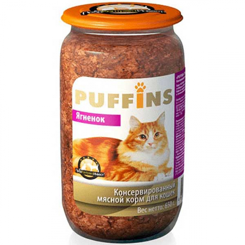 Пуффинс Консервированный корм для кошек (стеклобанка), 650 грамм, паштет, ЯГНЕНОК х8