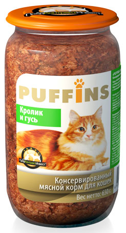 Пуффинс Консервированный корм для кошек (стеклобанка), 650 грамм, паштет, КРОЛИК И ГУСЬ х8
