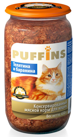 Пуффинс Консервированный корм для кошек (стеклобанка), 650 грамм, паштет, ТЕЛЯТИНА И БАРАНИНА х8