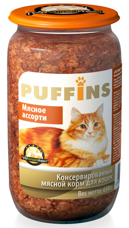 Пуффинс Консервированный корм для кошек (стеклобанка), 650 грамм, паштет, МЯСНОЕ АССОРТИ х8