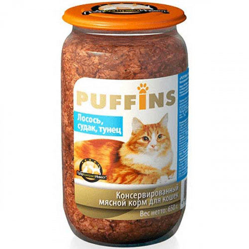 Пуффинс Консервированный корм для кошек (стеклобанка), 650 грамм, паштет, ЛОСОСЬ, СУДАК, ТУНЕЦ х8