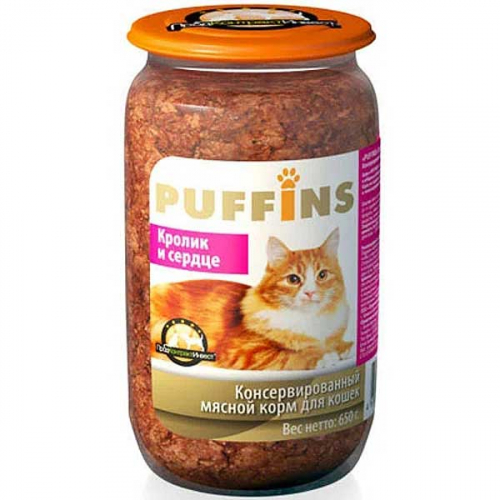 Пуффинс Консервированный корм для кошек (стеклобанка), 650 грамм, паштет, КРОЛИК И СЕРДЦЕ х8