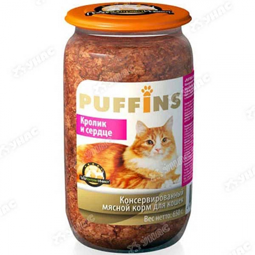 Пуффинс Консервированный корм для кошек (стеклобанка), 650 грамм, паштет, КРОЛИК И СЕРДЦЕ х8