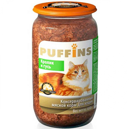 Пуффинс Консервированный корм для кошек (стеклобанка), 650 грамм, паштет, КРОЛИК И ГУСЬ х8